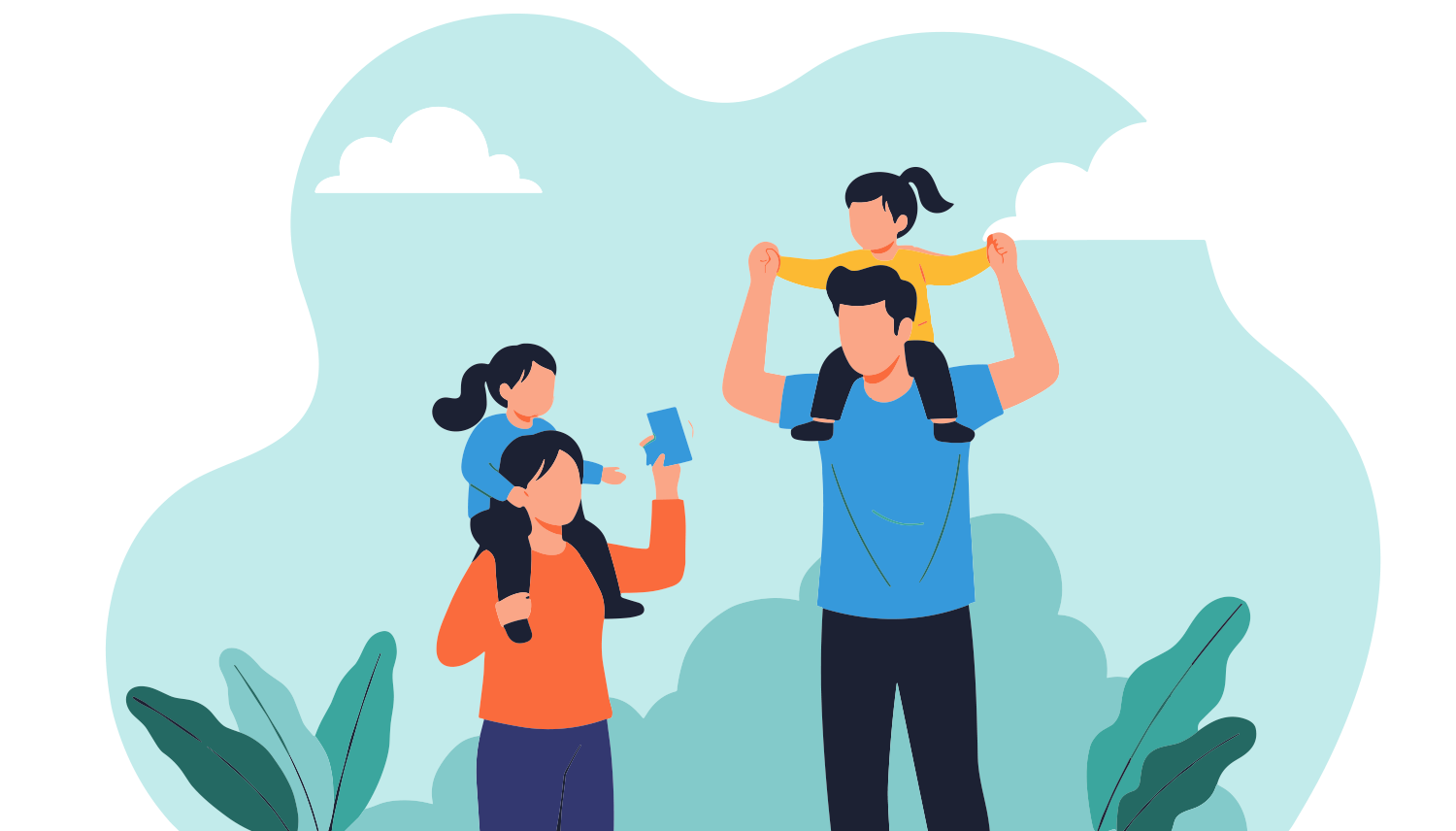 Family with children on parents shoulders outdoors.
