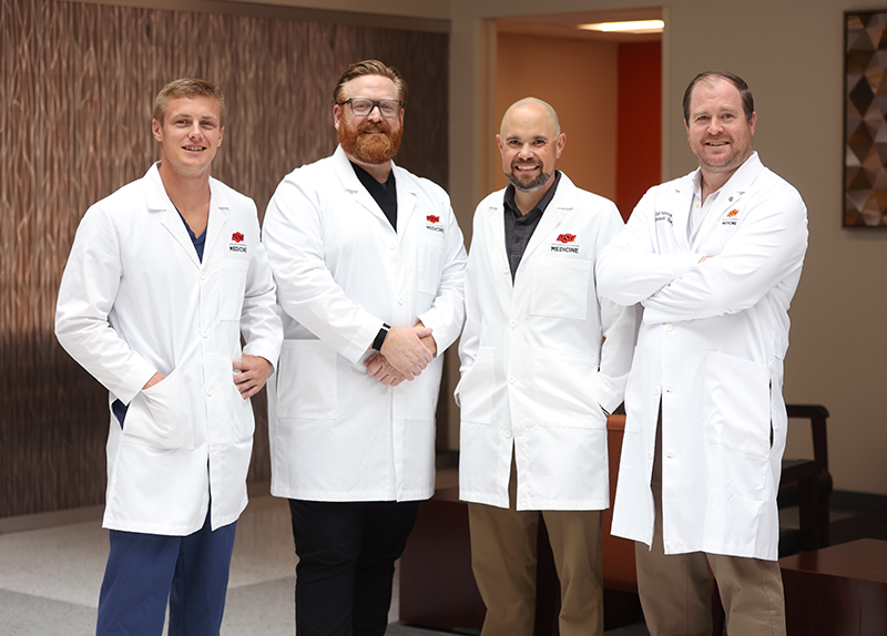 Drs. Landon Stallings, James Cornwell, Nick Thompson and Chad Hanson in the OSU Medical Center lobby.