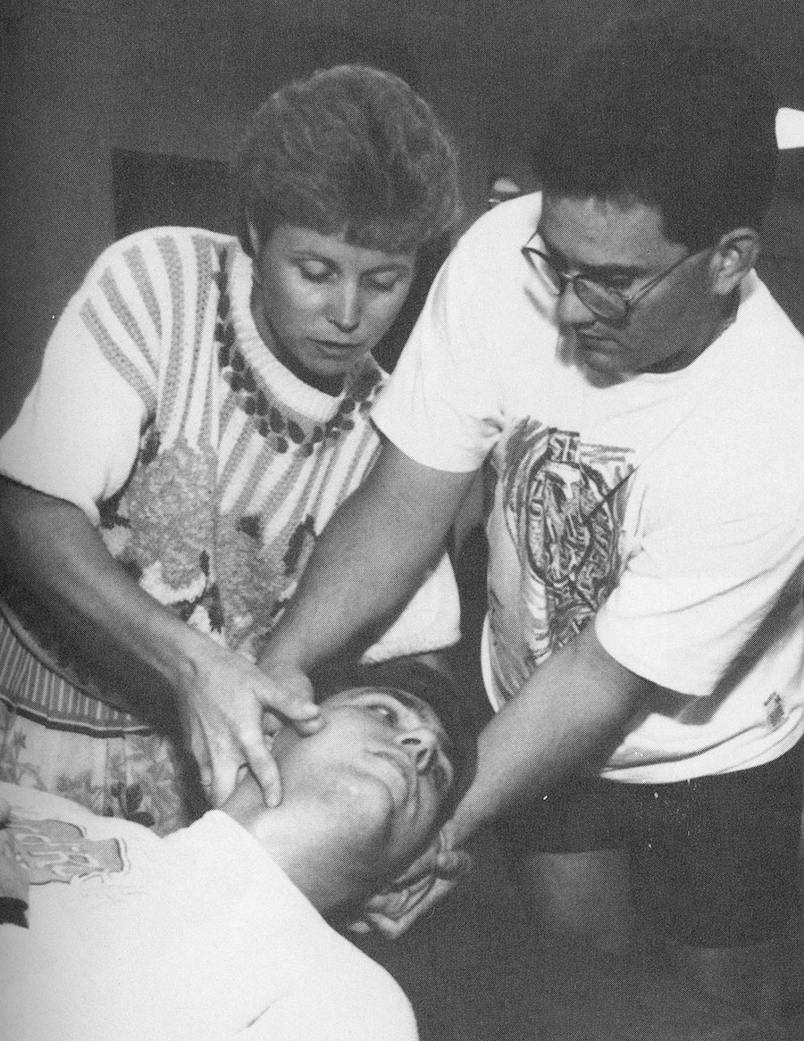 Dr. Robin Dyer assures Scot Robertson that David Thompson’s neck is not going to be hurt after this maneuvre. Dr. Robin Dyer assures Scot Robertson that David Thompson’s neck is not going to be hurt after this maneuvre.