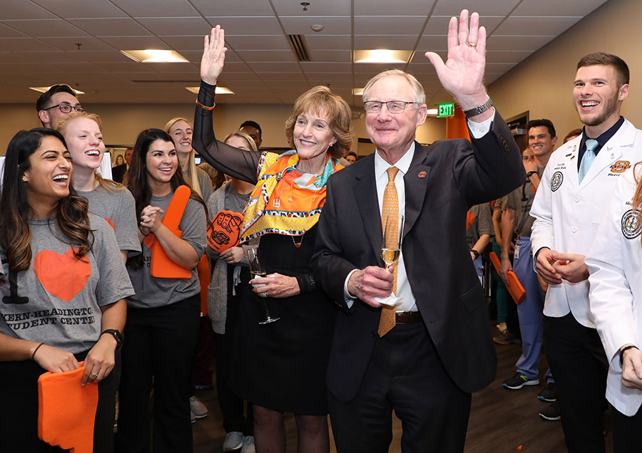 People including Ann Hargis (center, left) and Burns Hargis (center, right) gather for the opening of the Kern-Headington Student Center at the Oklahoma State University Center for Health Sciences in Tulsa, Oklahoma. People including Ann Hargis (center, left) and Burns Hargis (center, right) gather for the opening of the Kern-Headington Student Center at the Oklahoma State University Center for Health Sciences in Tulsa, Oklahoma.