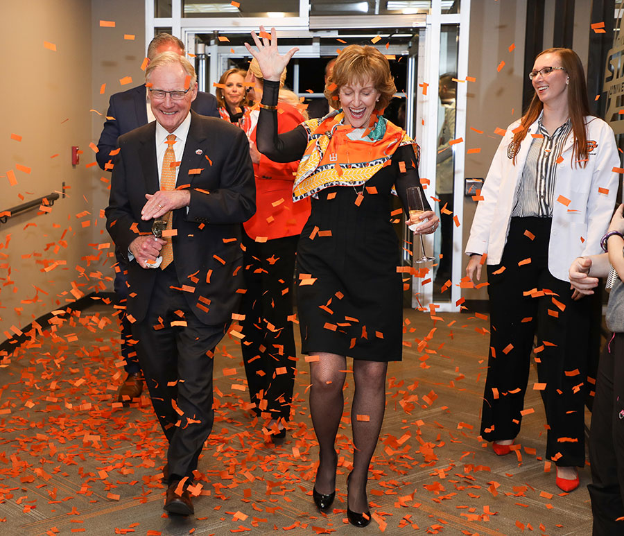 People including Burns Hargis (left) and Ann Hargis gather for the opening of the Kern-Headington Student Center at the Oklahoma State University Center for Health Sciences in Tulsa, Oklahoma. People including Burns Hargis (left) and Ann Hargis gather for the opening of the Kern-Headington Student Center at the Oklahoma State University Center for Health Sciences in Tulsa, Oklahoma.