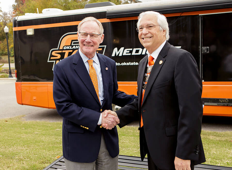 Burns Hargis (left) and Bill John Baker take part in the announcement of the OSU College of Osteopathic Medicine at the Cherokee Nation in Tahlequah, Okla. Burns Hargis (left) and Bill John Baker take part in the announcement of the OSU College of Osteopathic Medicine at the Cherokee Nation in Tahlequah, Okla.