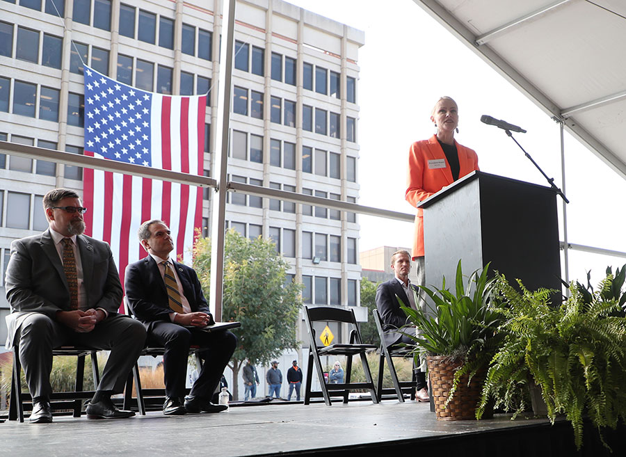 Dr. Kayse Shrum (right) makes remarks at the groundbreaking for the Veterans Hospital Dr. Kayse Shrum (right) makes remarks at the groundbreaking for the Veterans Hospital