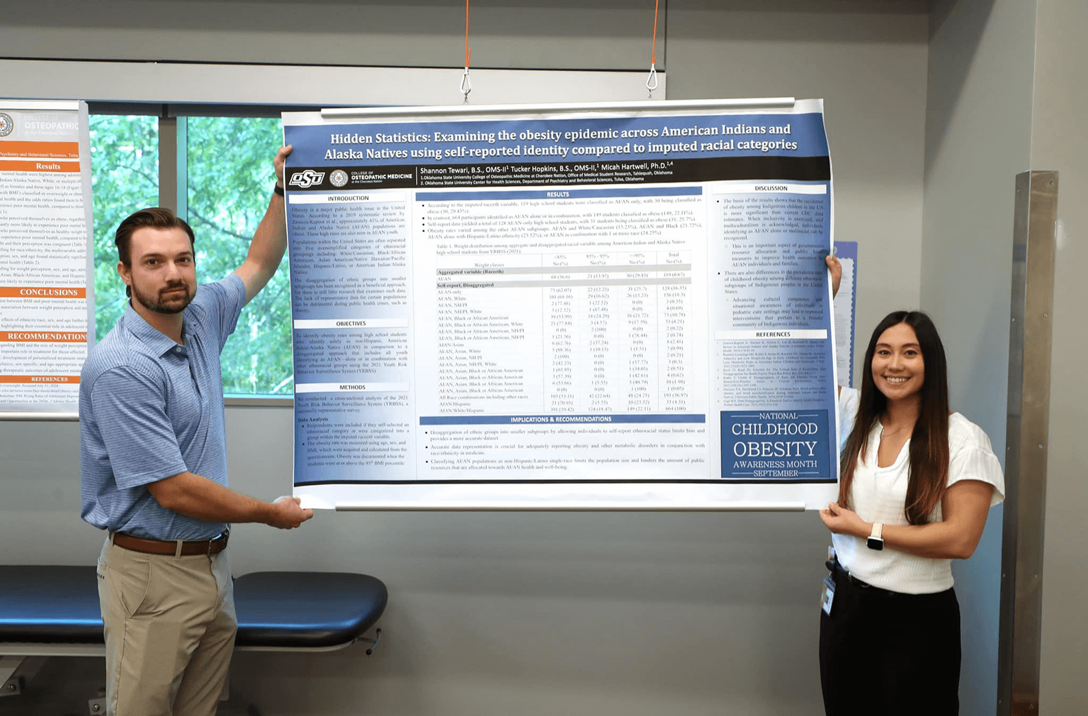 Research poster winners Tucker Hopkins (left) and Shannon Tewari (right) during the STRIDE Conference at OSU-COM at the Cherokee Nation. Research poster winners Tucker Hopkins (left) and Shannon Tewari (right) during the STRIDE Conference at OSU-COM at the Cherokee Nation.